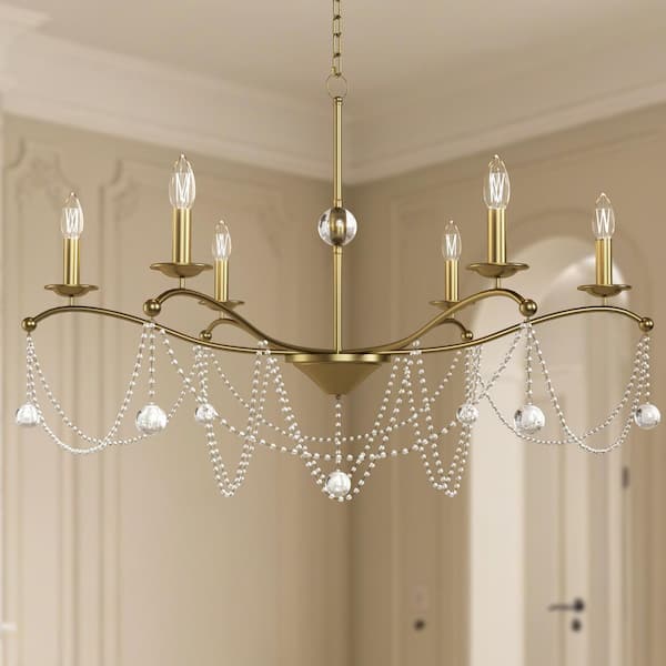 6-Light 37 in. Electroplating Brass Crystal Modern Candle Dimmable Chandeliers Living Foyer Lighting