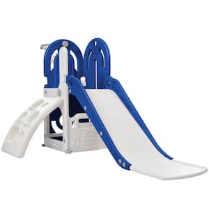 Kids Playground Climber Freestanding Slide Playset Set 4 in 1, with Basketball Hoop Play Combination in Blue.