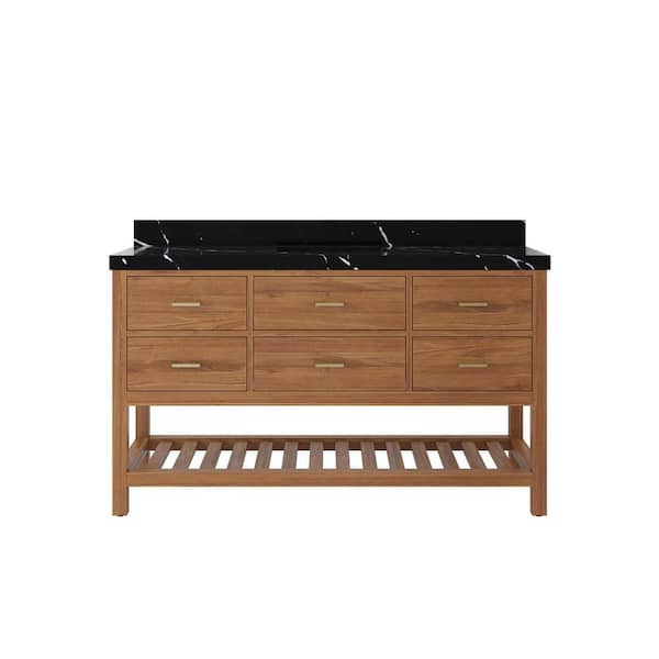 Willow Collections Parker Teak 60 in. W x 22 in. D x 36 in. H Single Sink Bath Vanity in Golden Teak with 2 in. Calacatta Black Quartz Top