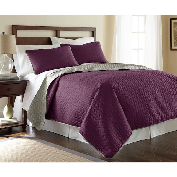 MODERN THREADS 3-Piece solid reversible coverlet set leaf vintage violet/silver queen