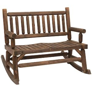 2-Person Walnut Wood Outdoor Rocking Chair with Log Design, Heavy Duty Loveseat with Wide Curved Seats for Patio