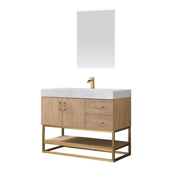Alistair 42 in. W x 22 in. D x 33.9 in. H Bath Vanity in Oak with Stone Vanity Top in White with Double Sinks and Mirror