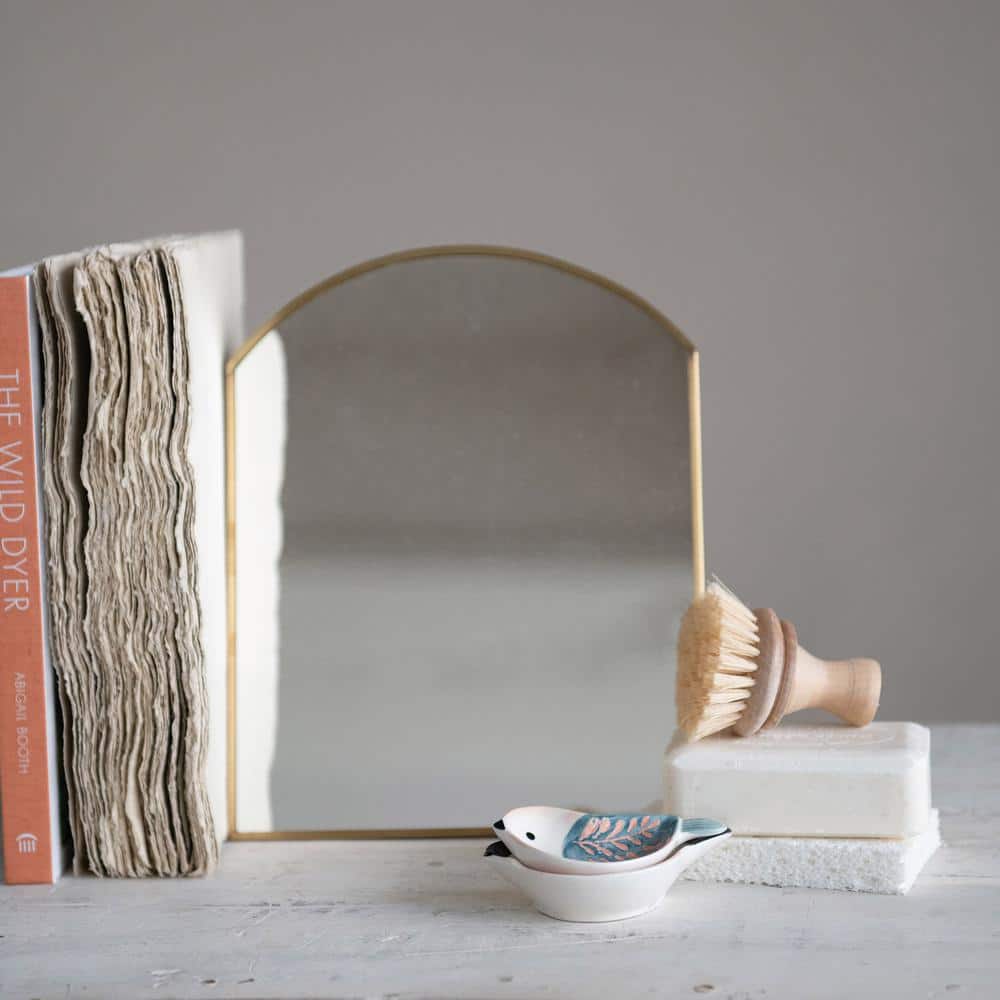Brass Arched Metal Framed Freestanding Mirror, 9.75"