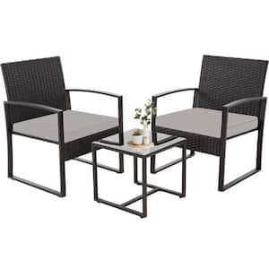 3-Piece Set of Wicker Patio Outdoor Bistro Set with Gray Cushions and Black Frame