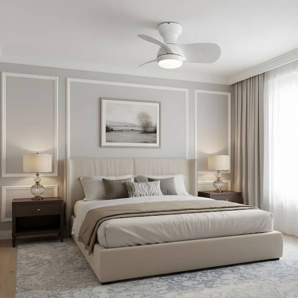 23 in. LED Indoor White Low Profile Ceiling Fan with Light Kit, Remote Controls