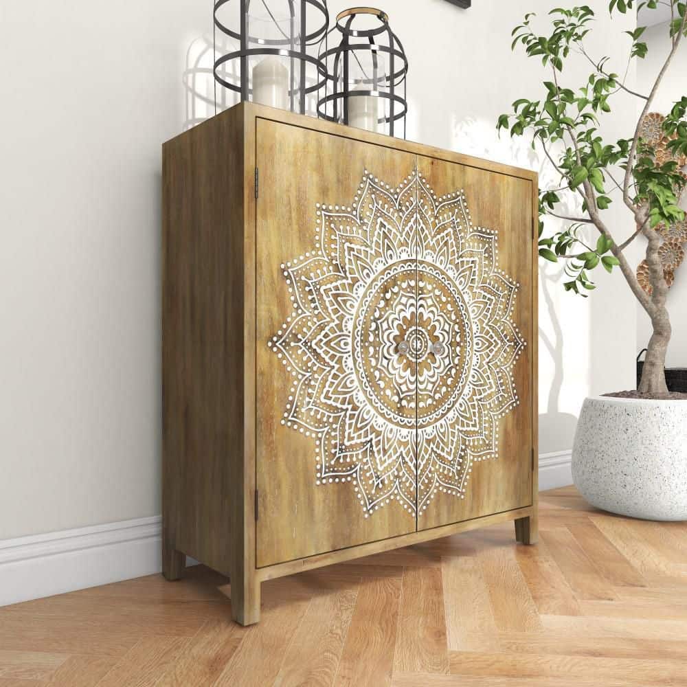 Brown Wood Intricately Carved Floral Cabinet with Shelf and Doors