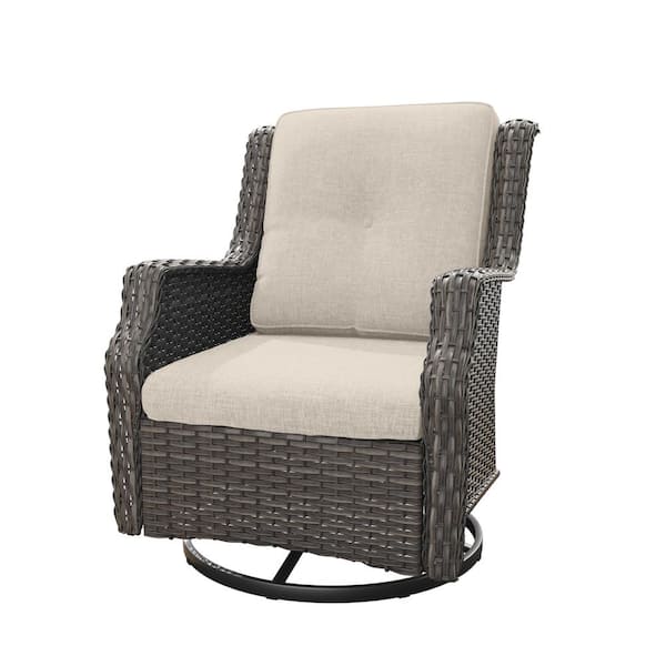 Gardenbee Wicker Patio Outdoor Lounge Chair Swivel Rocking Chair with Beige Cushions