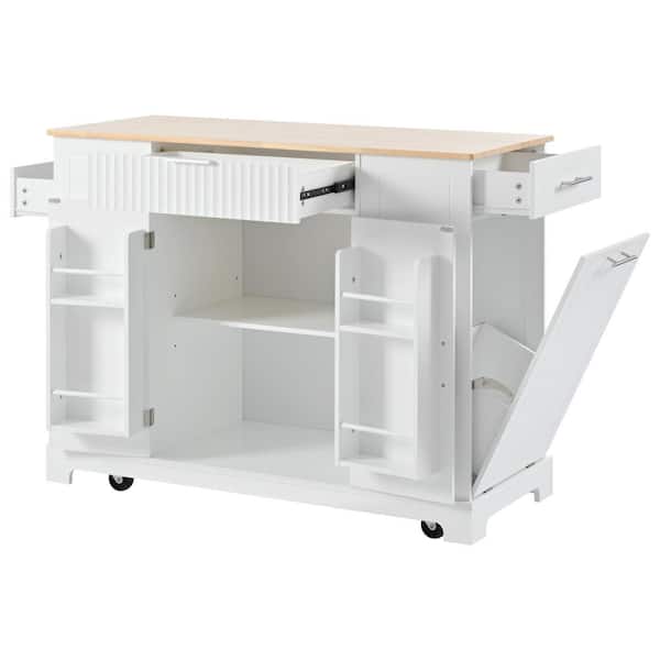 Cesicia Coastal White Wood 48 in. Power Outlet Kitchen Island with 10 Gallon Trash Can Storage and Internal Storage Rack