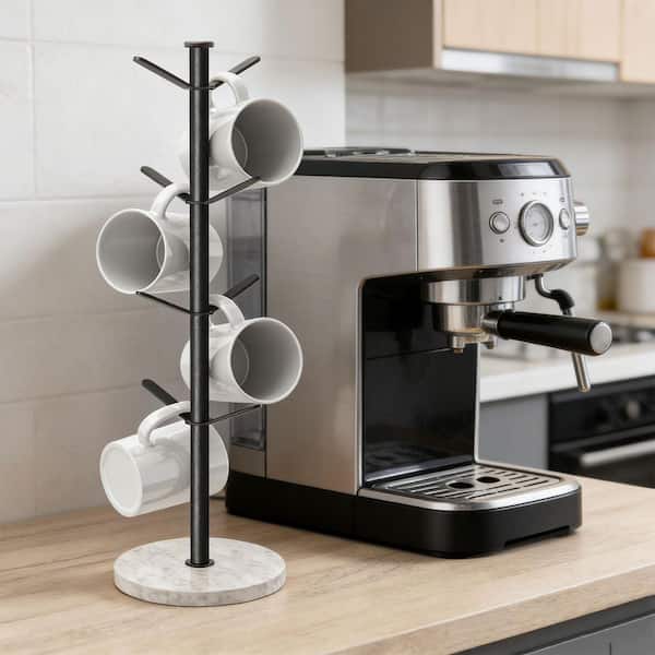 8 Hooks Marble Mug Holder Tree, Stable Mug Stand for Kitchen Counter, Black
