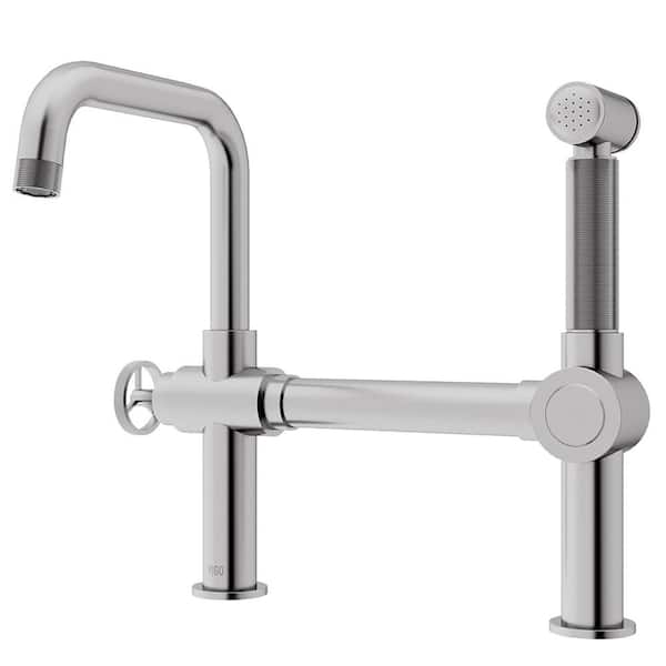 VIGO Cass Single-Handle High-Arc Widespread Bridge Kitchen Faucet with Pull-Out Side Sprayer in Stainless Steel