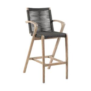 Brielle Armed UV Protected Outdoor Light Eucalyptus Wood and Charcoal Rope Bar Height Stool with Footrest