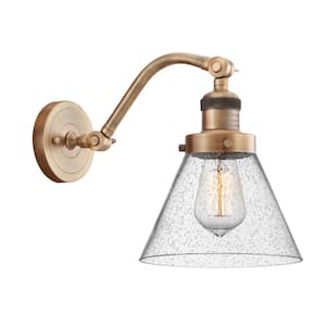 Cone 8 in. 1-Light Brushed Brass Wall Sconce with Seedy Glass Shade