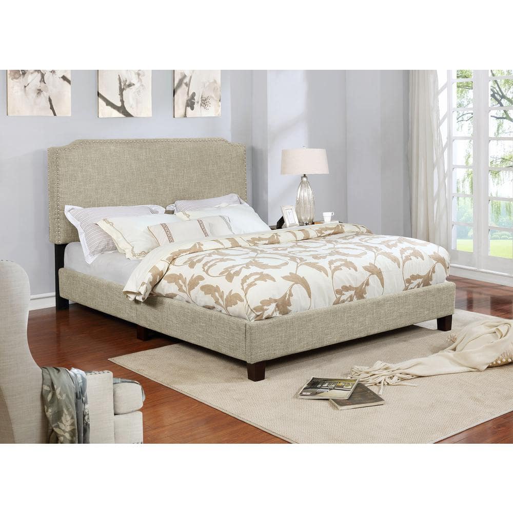 Beige Full Upholstered Linen Panel Bed with Nailhead Trim