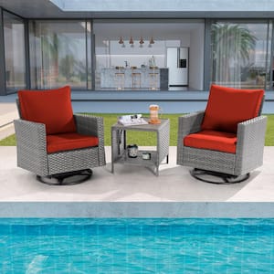 3-Piece Gray Wicker Outdoor Swivel Rocking Chairs Patio Bistro Set with Side Table Rust Red Cushion