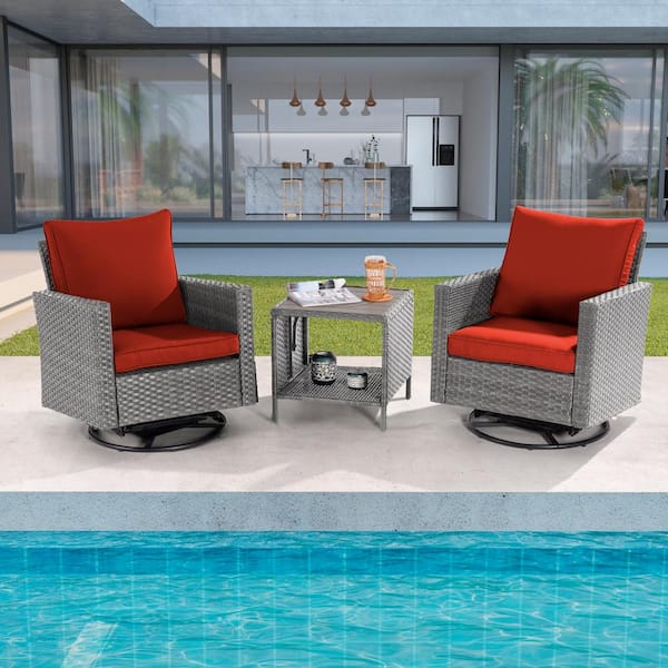 Sonkuki 3-Piece Gray Wicker Outdoor Swivel Rocking Chairs Patio Bistro Set with Side Table Rust Red Cushion