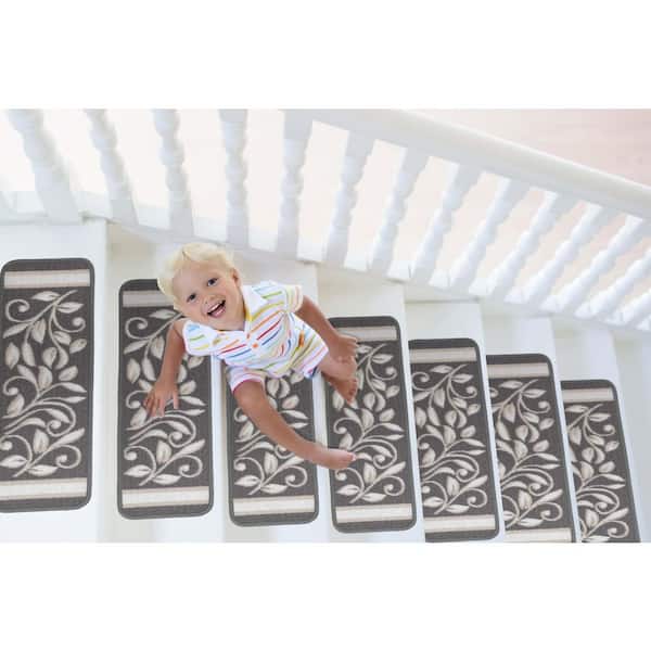 New Grey 8.5 in. x 26 in. Floral Non-Slip Stair Tread Cover (Set of 8)
