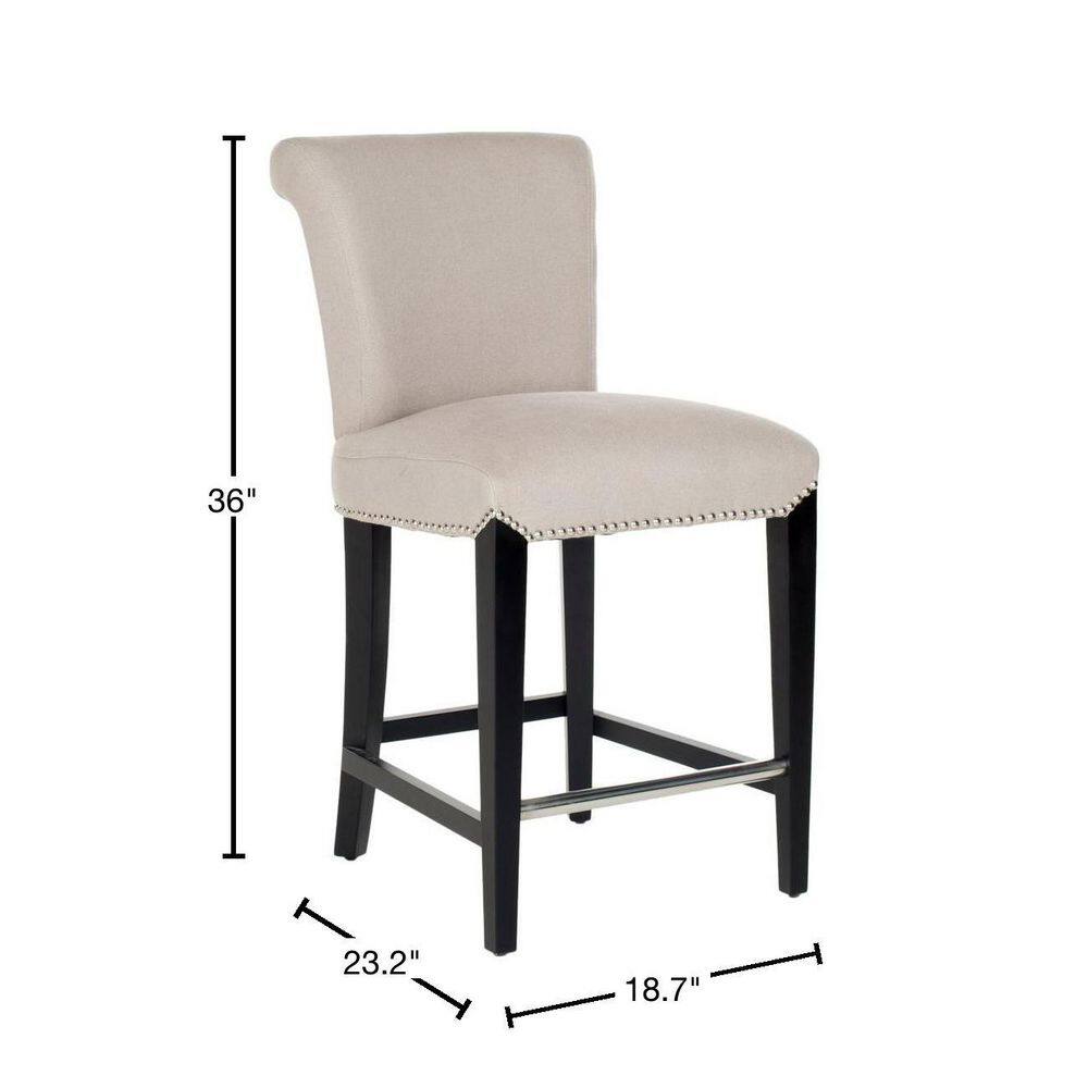 Transitional Beige Linen & Birch Wood Counter Stool with Nailhead Detail