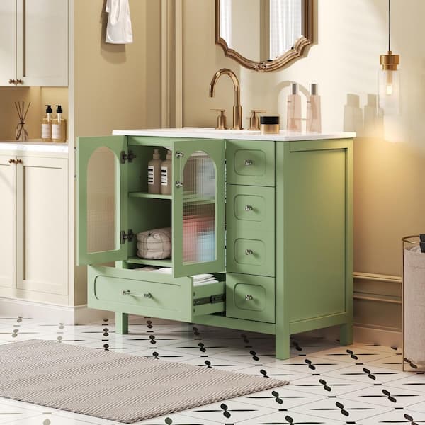 36 in. Freestanding Green Bath Vanity with White Ceramic Top, 4-Drawers and 2-Soft-Closing Doors