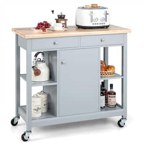 Gray Wooden Rolling Kitchen Cart with 4-Open Shelves and 2-Drawers