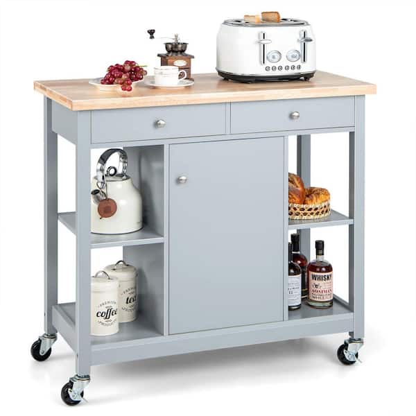Bunpeony Gray Wooden Rolling Kitchen Cart with 4-Open Shelves and 2-Drawers
