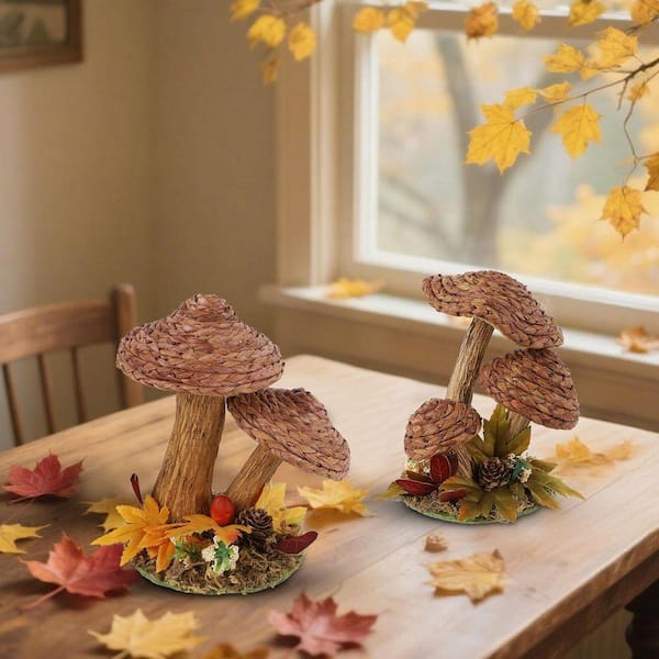 2-Pack Mushroom Fall Decor: Handmade Woven Figurines for