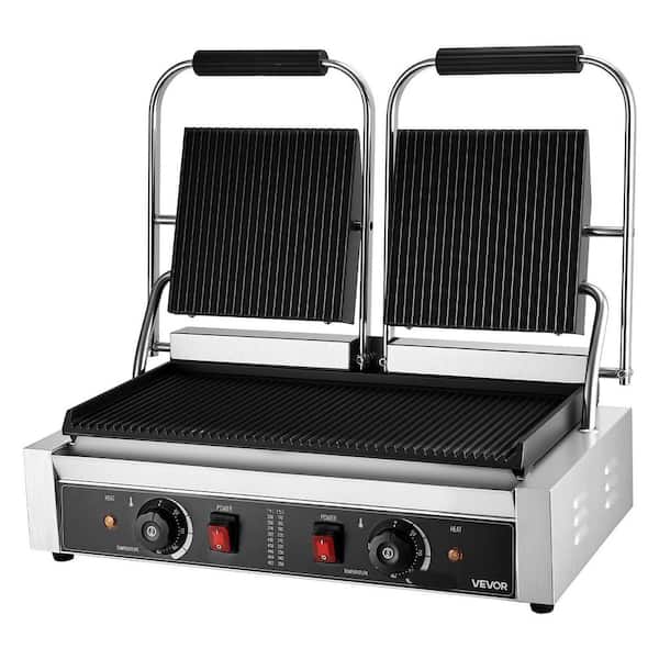 3,600 W Commercial Panini Grill, Electric Sandwich Maker, Stainless Steel Double Press, Temp Control, 19 x 9 in. Silver
