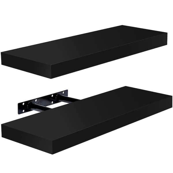 5.5 in. x 16 in. x 1.5 in. Classic Black Wood Decorative Wall Shelves with Brackets (2-Pack)