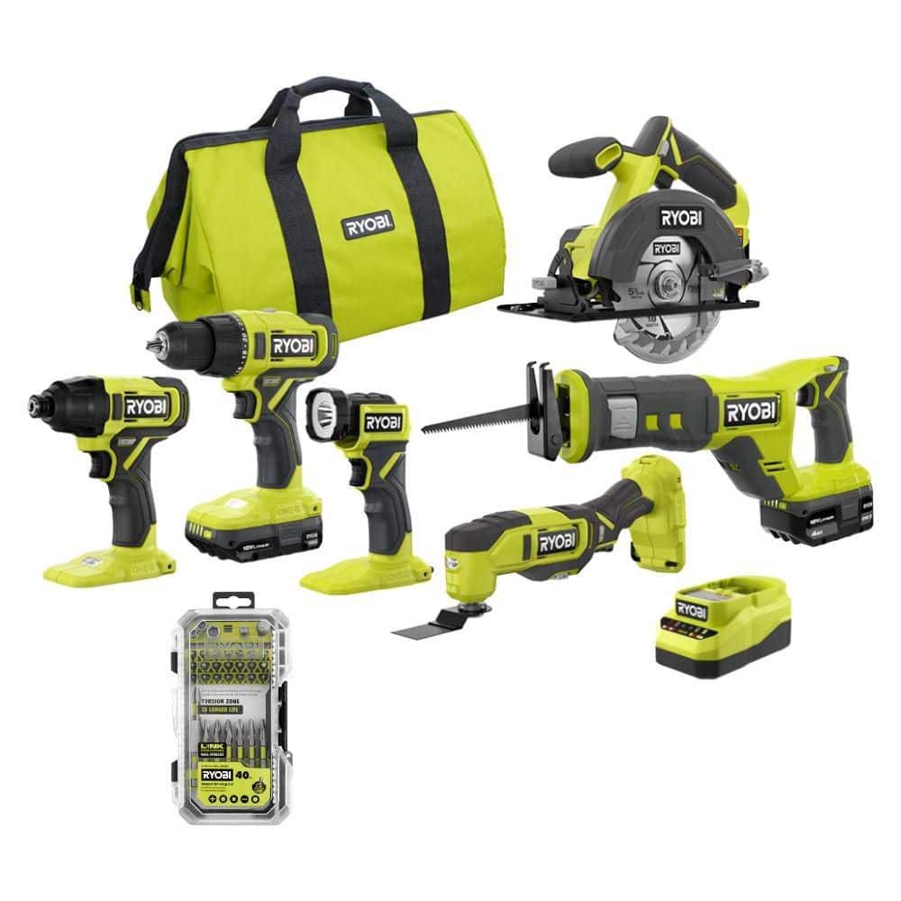 RYOBI ONE+ 18V 6-Tool Combo Kit w/ 2Ah Battery, 4Ah Battery, & Charger w/ 40PC Impact Rated Driving Set (1600K2XA964001)