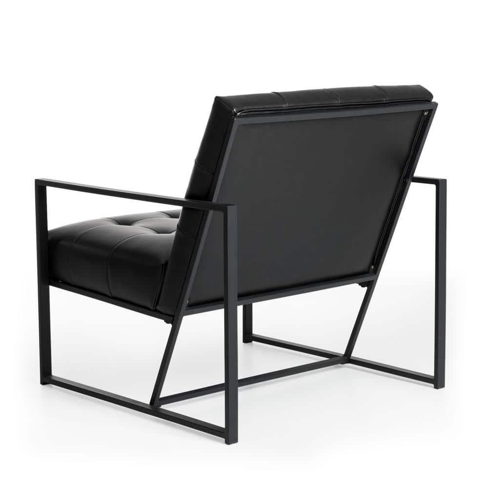 Modern Black Faux Leather Barrel Accent Chair with Metal Frame