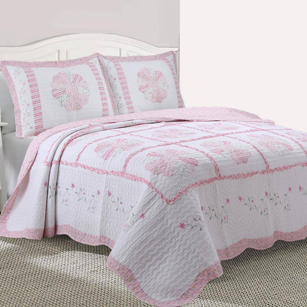 Pink and White Floral Cotton Queen Reversible Quilt Set