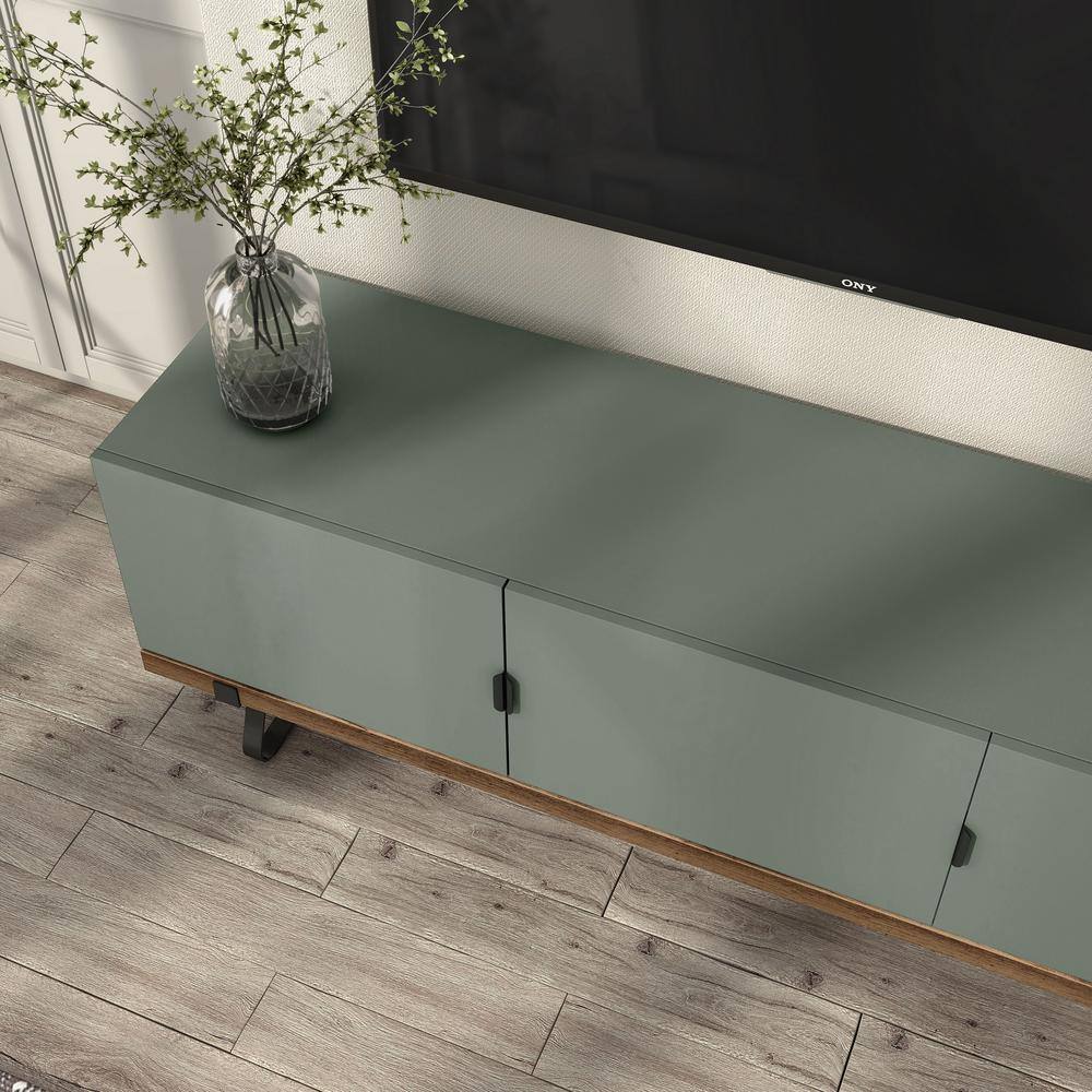Sage Green and Distressed Oak Modern TV Stand with Cabinet