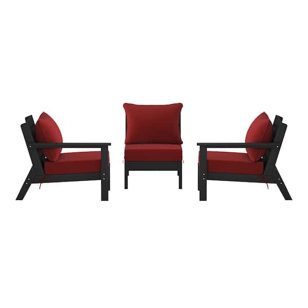 Birchwood Black Arrangeable Outdoor Patio 3-Piece Deep Seating HDPE Sofa Arm Chair Set w/ Red Cushions