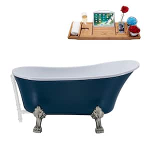 55 in. Acrylic Clawfoot Non-Whirlpool Bathtub in Matte Light Blue With Brushed Nickel Clawfeet And Glossy White Drain