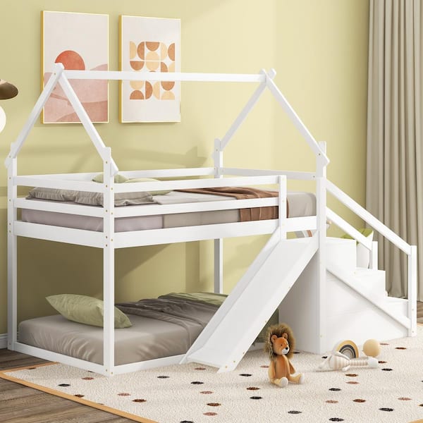 Harper & Bright Designs White Wood Frame Twin Over Twin House Bunk Bed with Slide and Storage Staircase