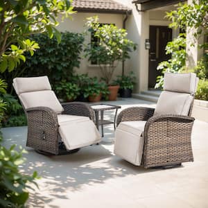 Plain Curve 3-Piece Brown Wicker Outdoor Adjustable Swivel Recliner with Beige Cushions and Side Table