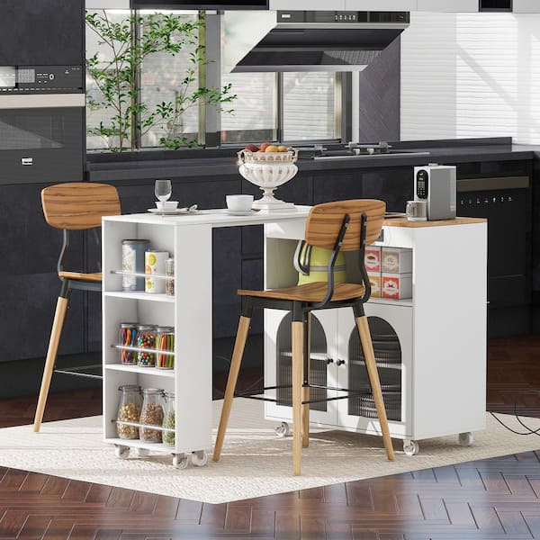 Runesay White Solidwood Extended Table 57 in. Kitchen Island Cart with LED Lights Power Outlets and 2-Fluted Glass Doors