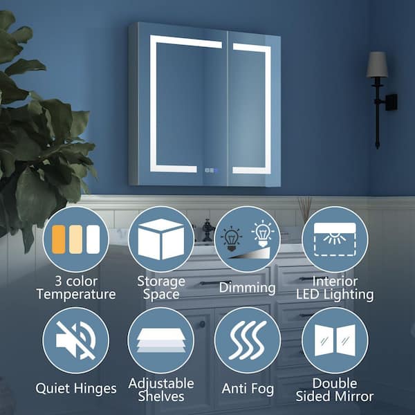 30 in. W x 30 in. H Medium Rectangular Silver Aluminum Recessed/Surface Mount Medicine Cabinet with Mirror and LED
