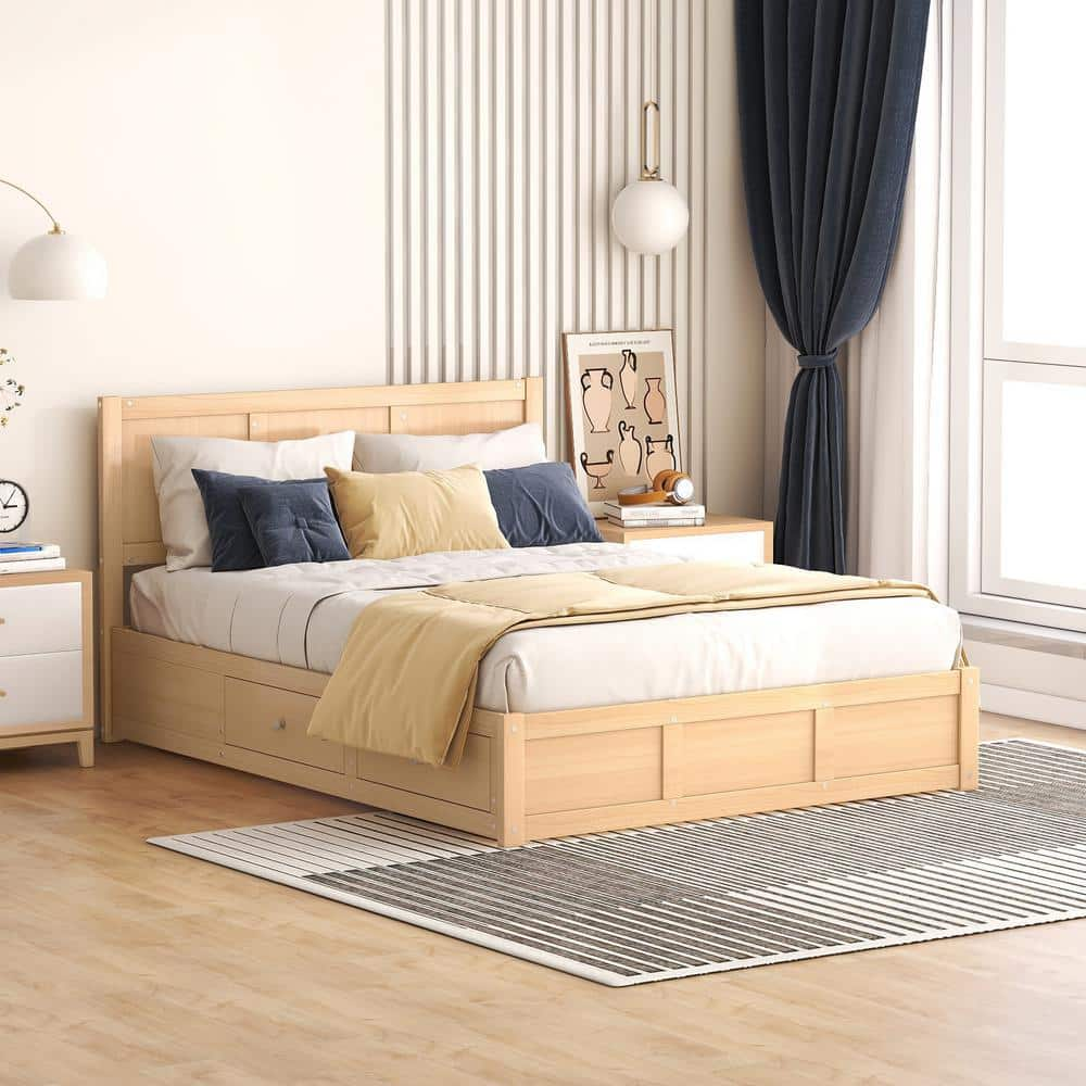 Polibi Brown Wood Frame Full Size Platform Bed with Twin Size Trundle ...