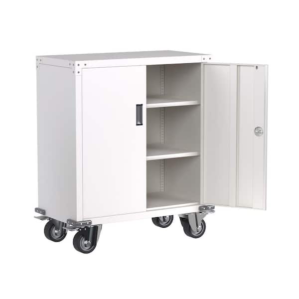 Hephastu 32.3 in. W x 35.4 in. H x 16 in. D Metal Rolling Garage Storage Cabinet, Locking Steel Freestanding Cabinet in White