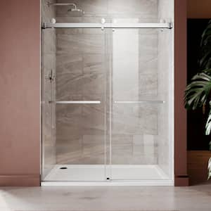 UKD01 56 to 60 in. W x 76 in. H Double Sliding Frameless Shower Door in Chrome, EnduroShield 3/8 in. Clear Glass