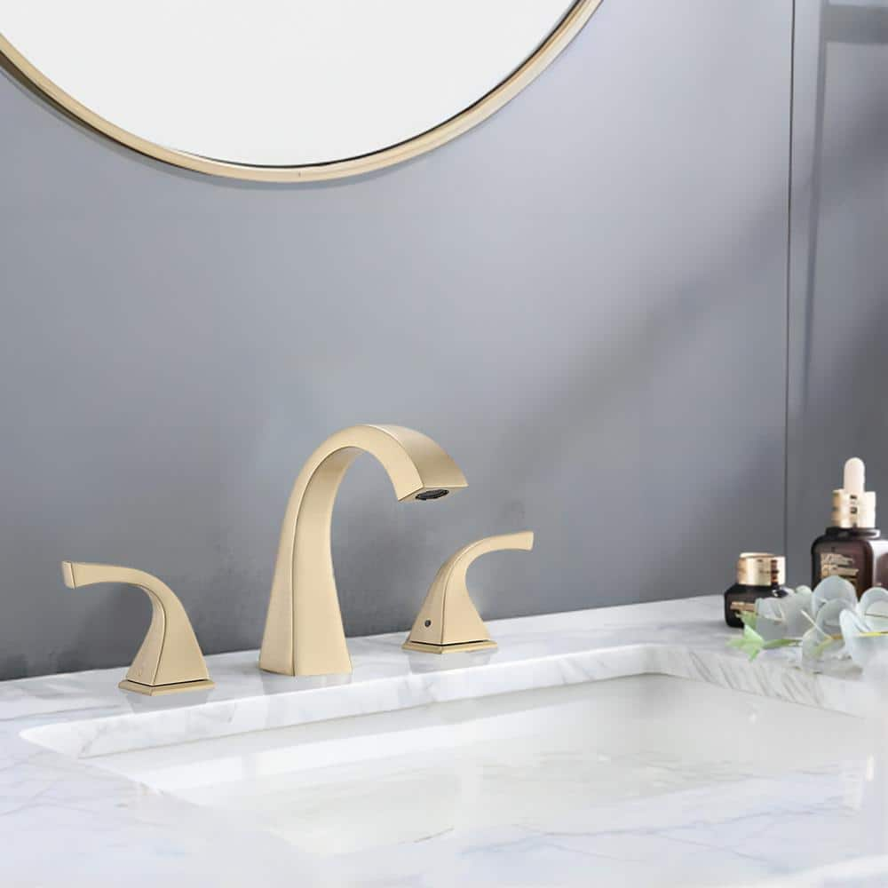 Modern 8 in. Widespread Double Handle 360° Swivel Spout Bathroom Faucet with Drain Kit Included in Brushed Gold -  UPIKER, UP2301SFG0013