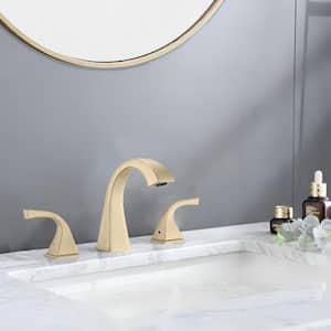 Modern 8 in. Widespread Double Handle 360° Swivel Spout Bathroom Faucet with Drain Kit Included in Brushed Gold
