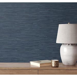 Naval Blue and Metallic Silver Cyrus Faux Grasscloth Vinyl Peel and Stick Wallpaper Roll (30.75 sq. ft.)