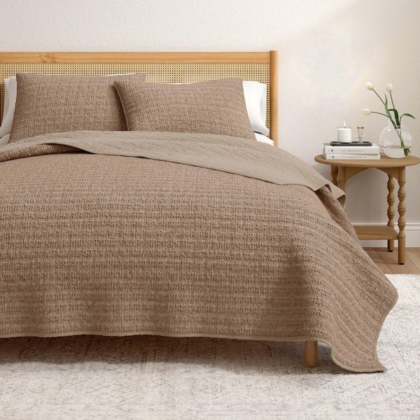 100% Cotton Garment Washed Honeycomb Waffle Quilt and Sham Set, King, Clay
