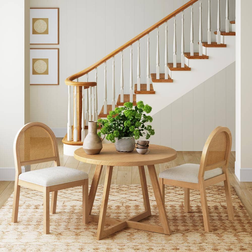 Cream Boucle and Warm Pine Cane Back Dining Chair