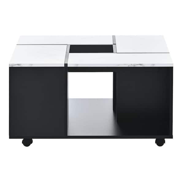 URTR 31.4 in. White Square Glossy Faux Marble Tabletop Coffee Table with Storage Cocktail Table with Removable Tray, Casters