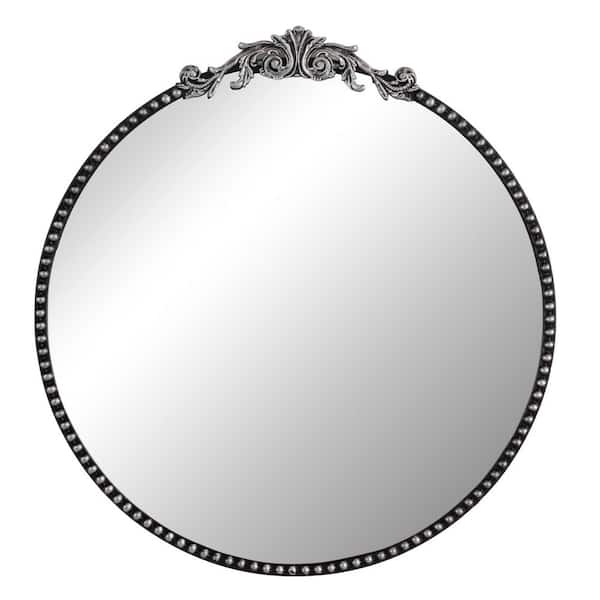 Elevatehome 30 in. W x 32 in. H Modern Ornate Round Vintage Black Framed with Beaded Accent Wall Decorative Mirror Dresser Mirror