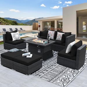 Luxury 7-Piece Charcoal Wicker Patio Fire Pit Outdoor Sectional Deep Seating Sofa Set with Black Cushions