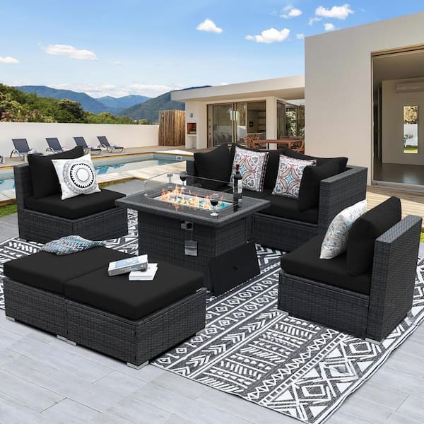 NICESOUL Luxury 7-Piece Charcoal Wicker Patio Fire Pit Outdoor Sectional Deep Seating Sofa Set with Black Cushions
