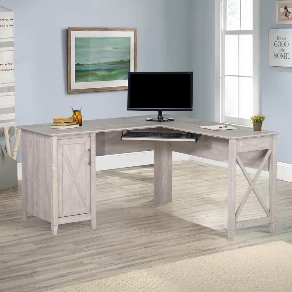 Washed Gray Wood Corner L-Desk with Keyboard Tray and Filing Cabinet